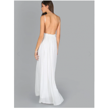  Lace Overlay Backless Pleated Maxi Dress White